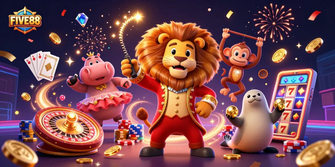 Engage with FIVE88's vibrant casino excitement featuring dazzling characters and gaming elements.