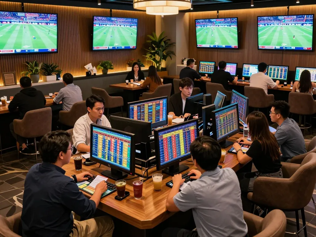 Dynamic sports betting scene showcasing keonhacai's features with engaging bettors in a lively lounge