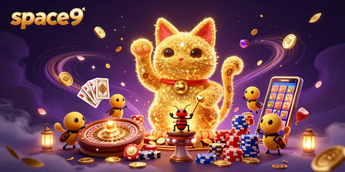 Engage with the vibrant world of space9 casino, featuring a lucky cat surrounded by flying coins and cards.