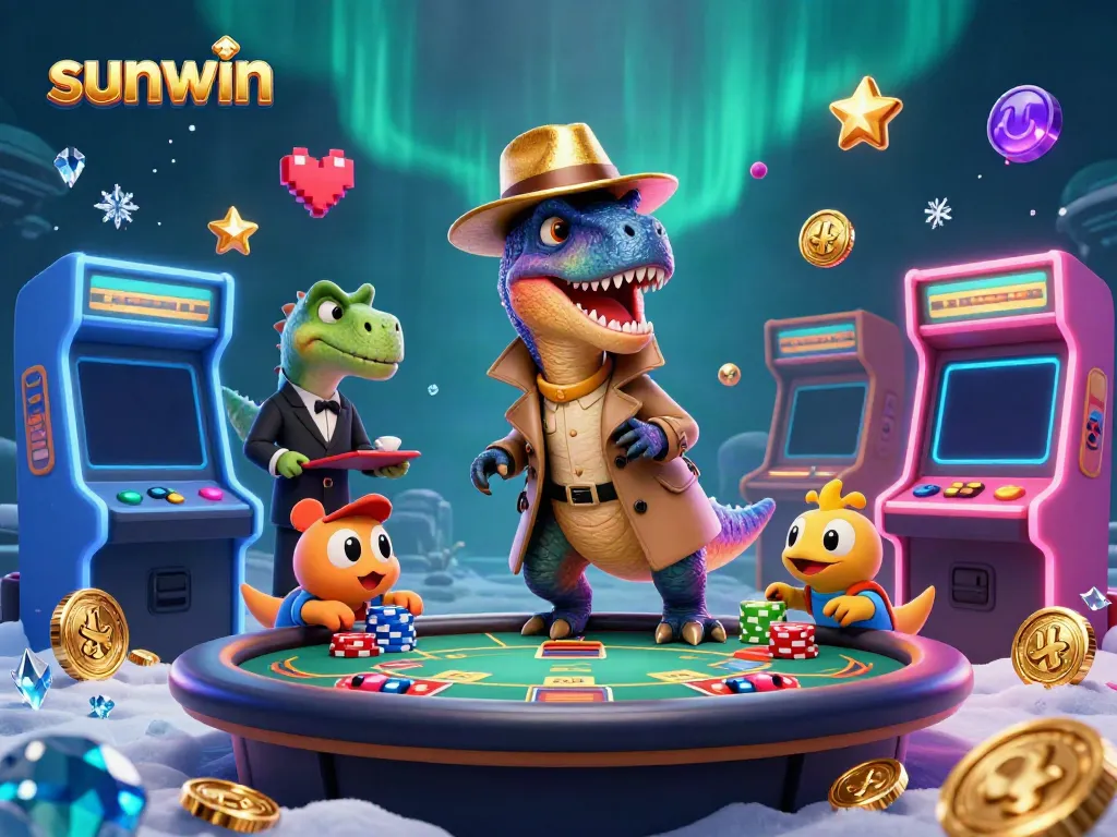 Experience thrilling gameplay with sunwin featuring a velociraptor at a blackjack table surrounded by vibrant game elements.
