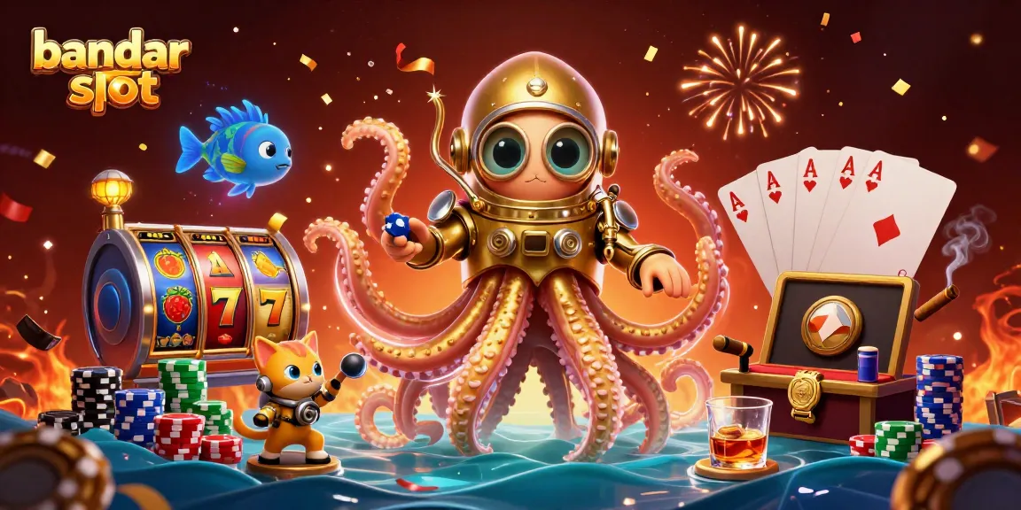Engage with the excitement of bandar slot through this vibrant, dynamic illustration of a kraken and diving cat surrounded by slot machine elements.