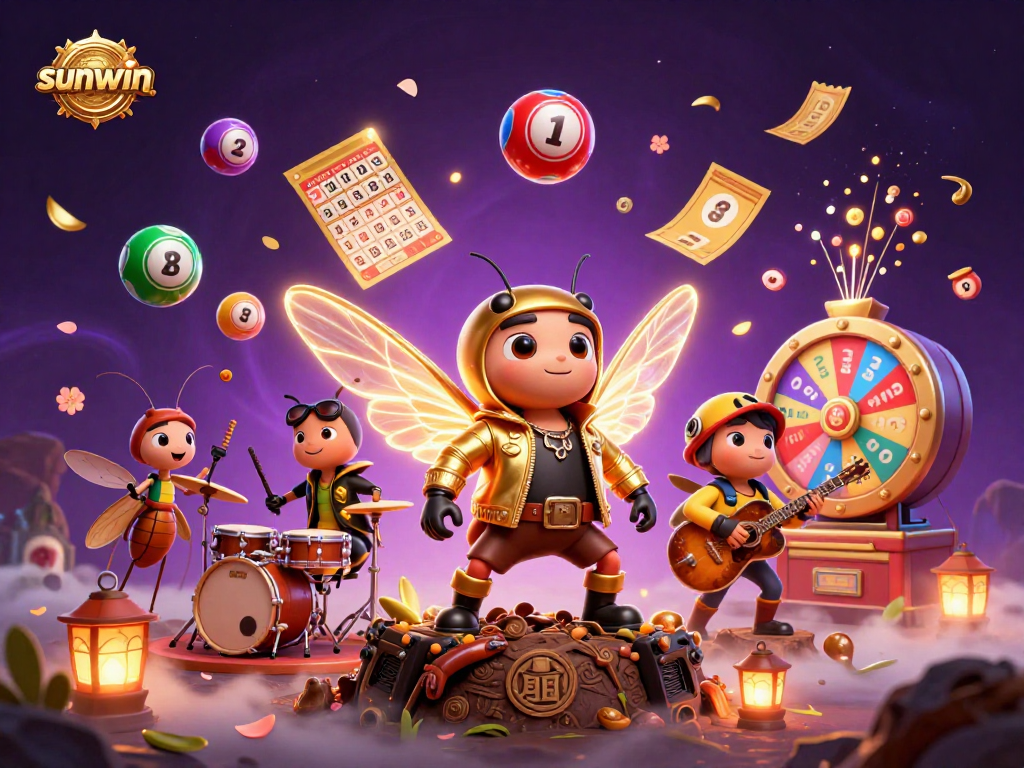 Exciting sunwin illustration featuring a 3D cicada rock star and colorful lottery elements.