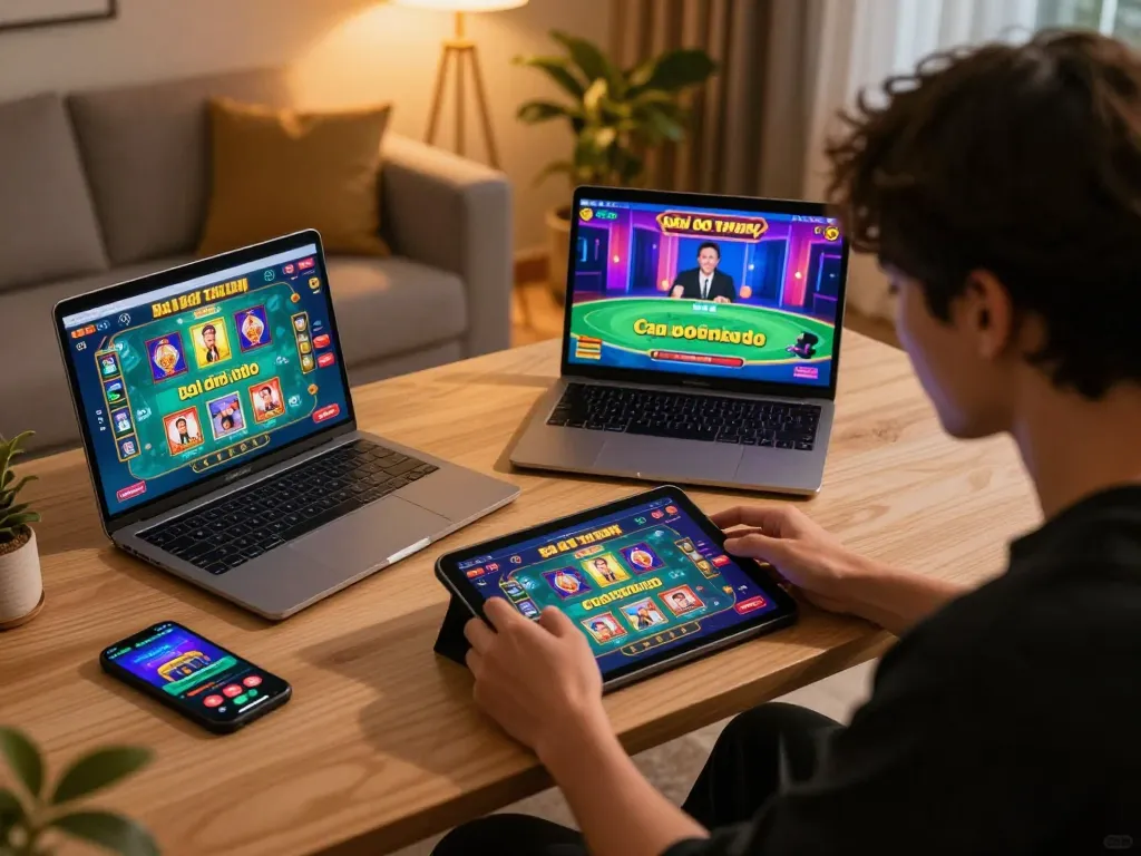 Engaging in game bai doi thuong on a tablet, person enjoying online gambling experience at home