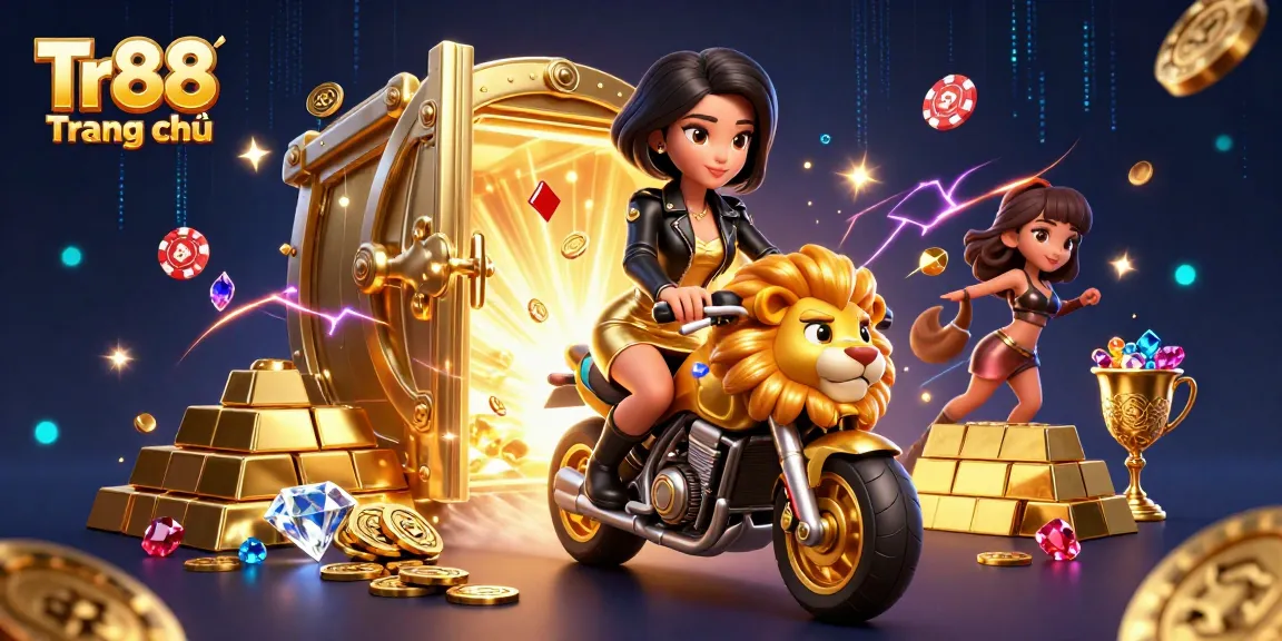 Experience the excitement of Tr88 Trang chủ with a glamorous Asian woman on a golden lion, amidst treasures and casino elements.
