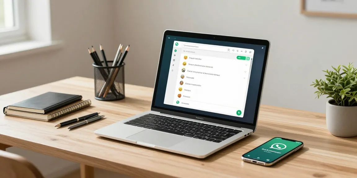 User accessing WhatsApp網頁版 in a modern home office with a laptop, smartphone, and stationery, emphasizing a productive workspace.