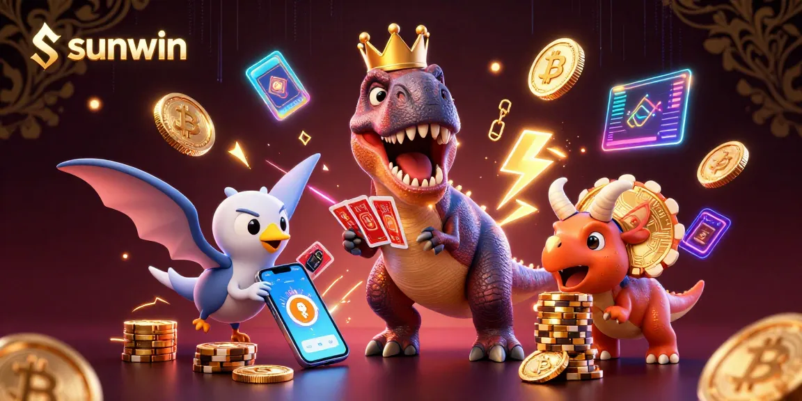 sunwin T-Rex shuffles cards with crypto coins in vibrant 3D casino scene