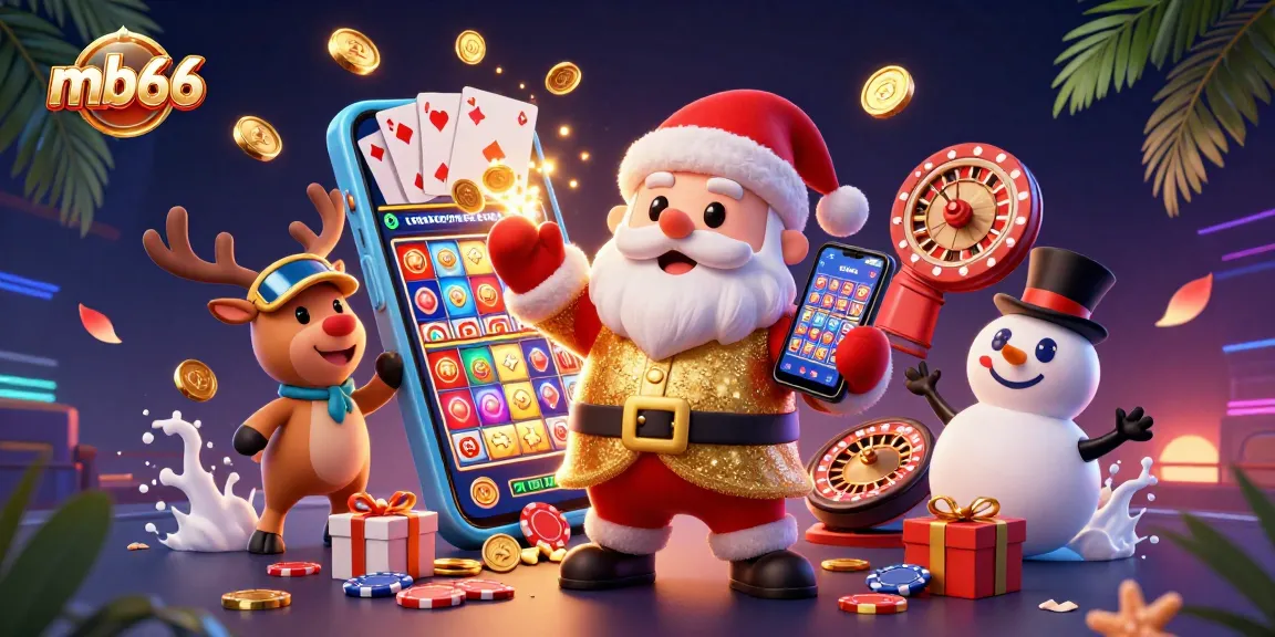 Experience jackpot excitement with mb66 in a colorful casino scene featuring Santa, reindeer, and snowman.