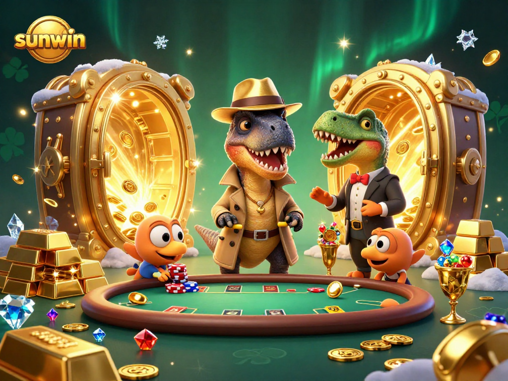 Experience the thrill of sunwin with a daring velociraptor card counter and treasures in this vibrant casino scene.