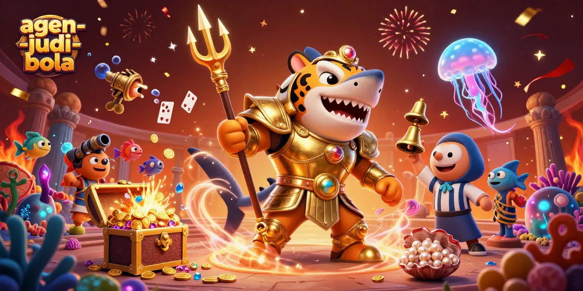 A thrilling betting adventure at agen-judi-bola with a fierce shark, trident, and treasure in a vibrant underwater setting.