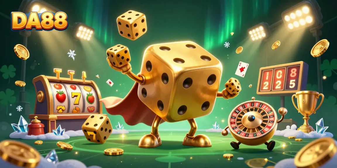 Engage with DA88 at the vibrant casino scene featuring golden dice, slot reels, and dynamic game elements.