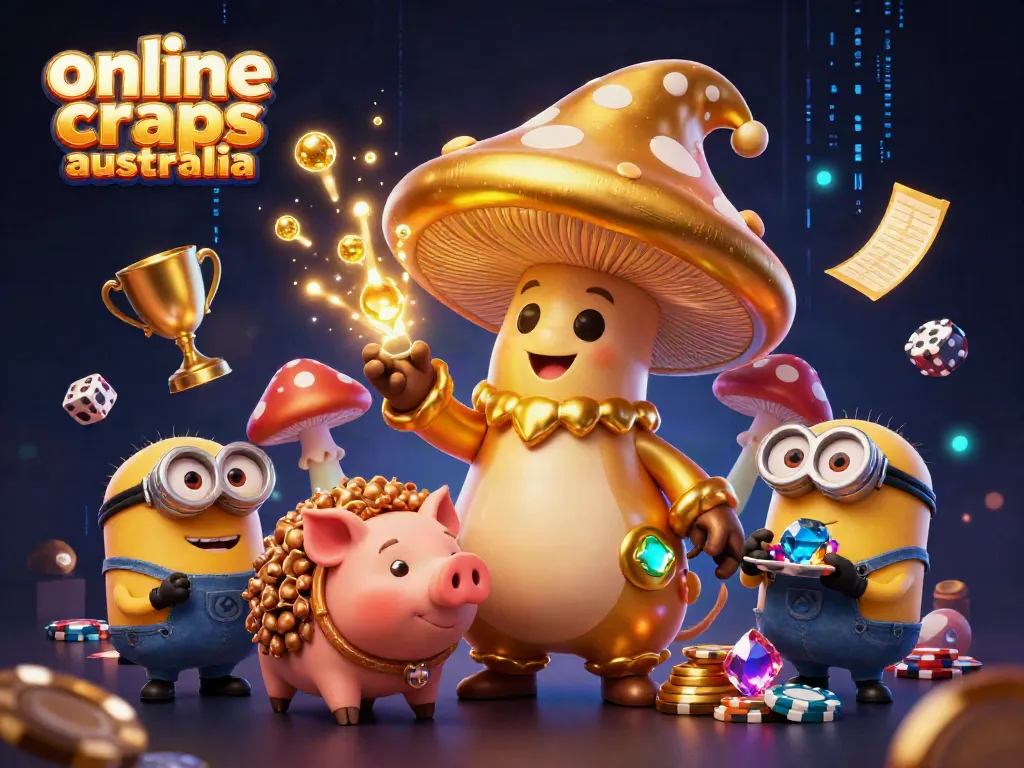 Experience the magic of online craps Australia with this vibrant 3D illustration featuring unique characters and casino elements.