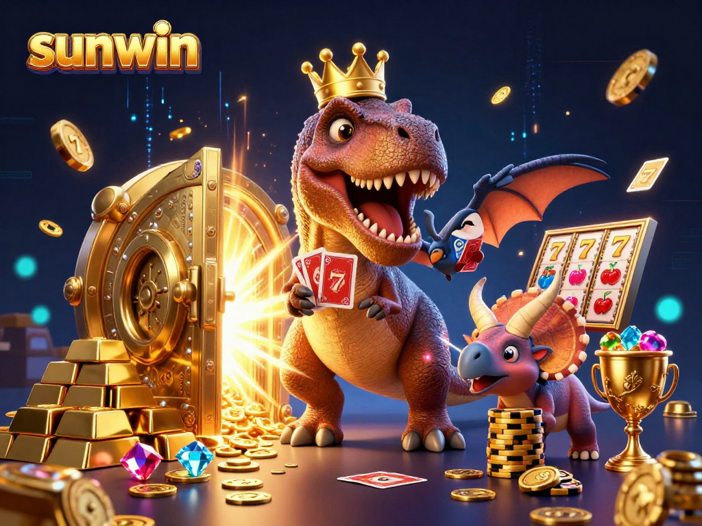 Experience the thrill of sunwin with a playful T-Rex, cards, and golden chips in a casino scene.