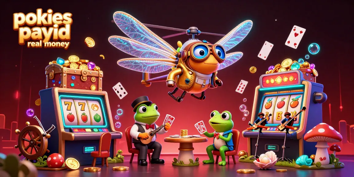 Engage in pokies payid real money action with a vibrant casino scene featuring a dragonfly pilot and frog croupier.