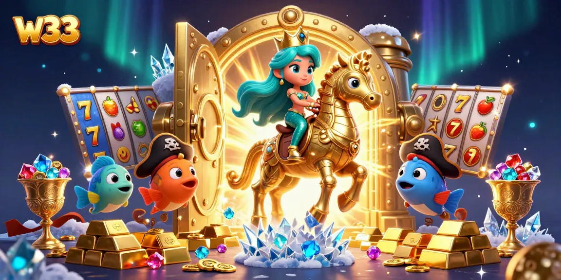 Spin the reels and uncover treasures at w33 Casino with vibrant cartoon characters and dazzling riches.