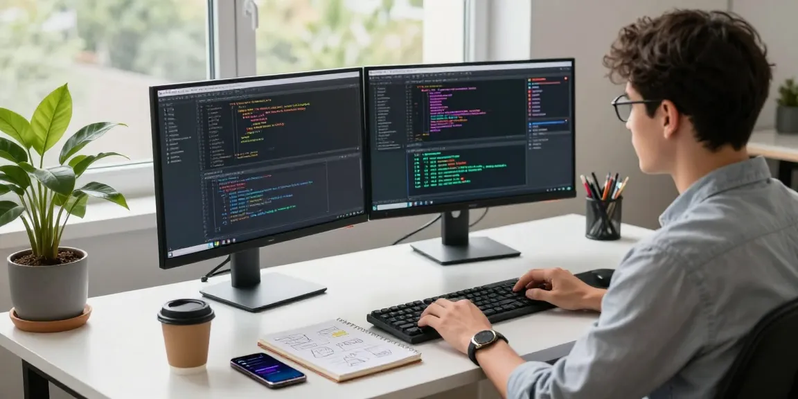 快连 app download guide in a modern tech workspace with dual monitors and coding elements.