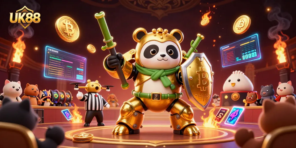 Win big with UK88's extravagantly detailed 3D casino illustration featuring golden panda and vibrant gaming elements.
