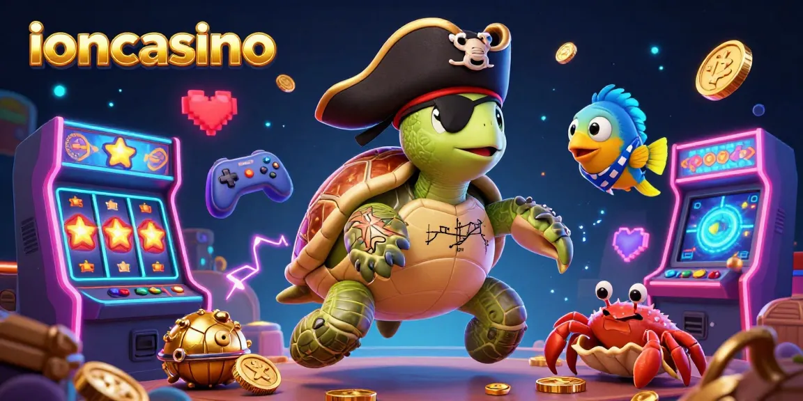 Engage with ioncasino's vibrant pirate-themed adventure featuring a turtle, hermit crab, and parrotfish amidst thrilling casino elements.