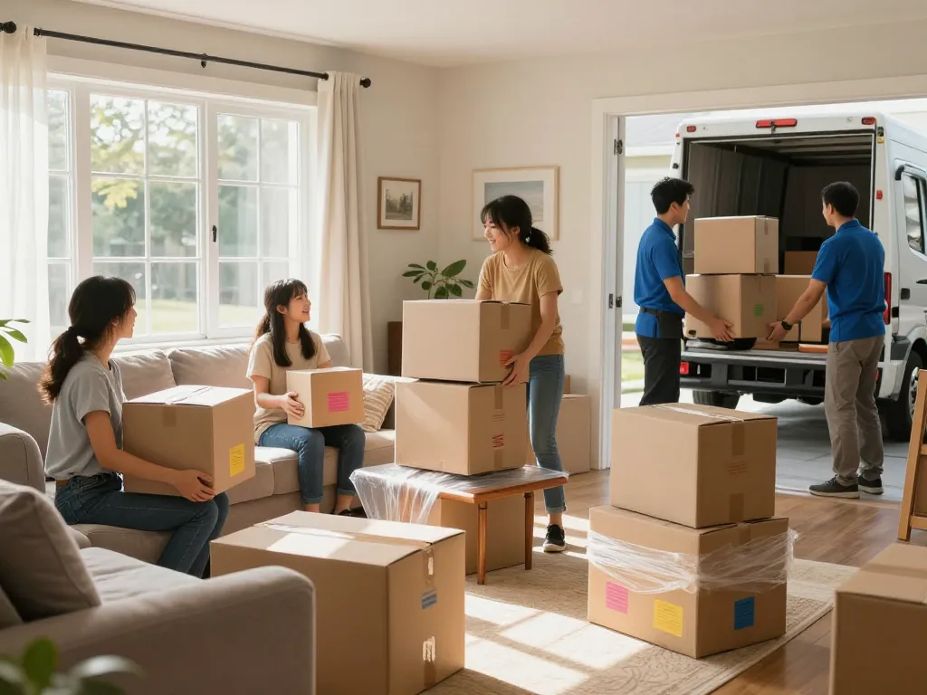 Professionelles und stressfreies Umzugsunternehmen Hannover bewegt Familie und Team beim Packen von Kartons.
