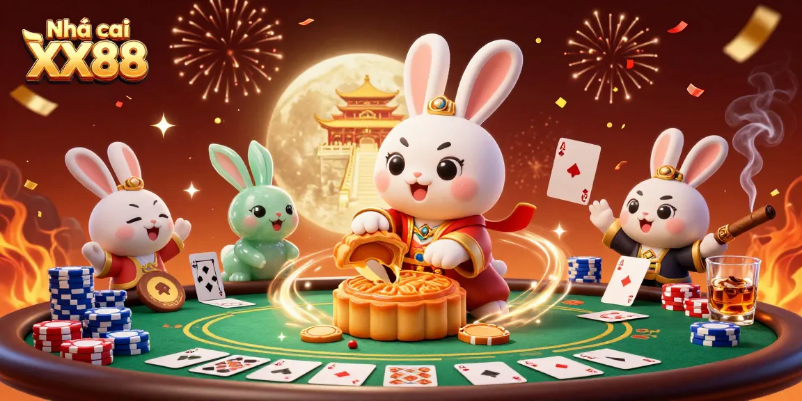 Engage with Nhà cái XX88, featuring moon rabbits and poker chips in this vibrant casino scene.