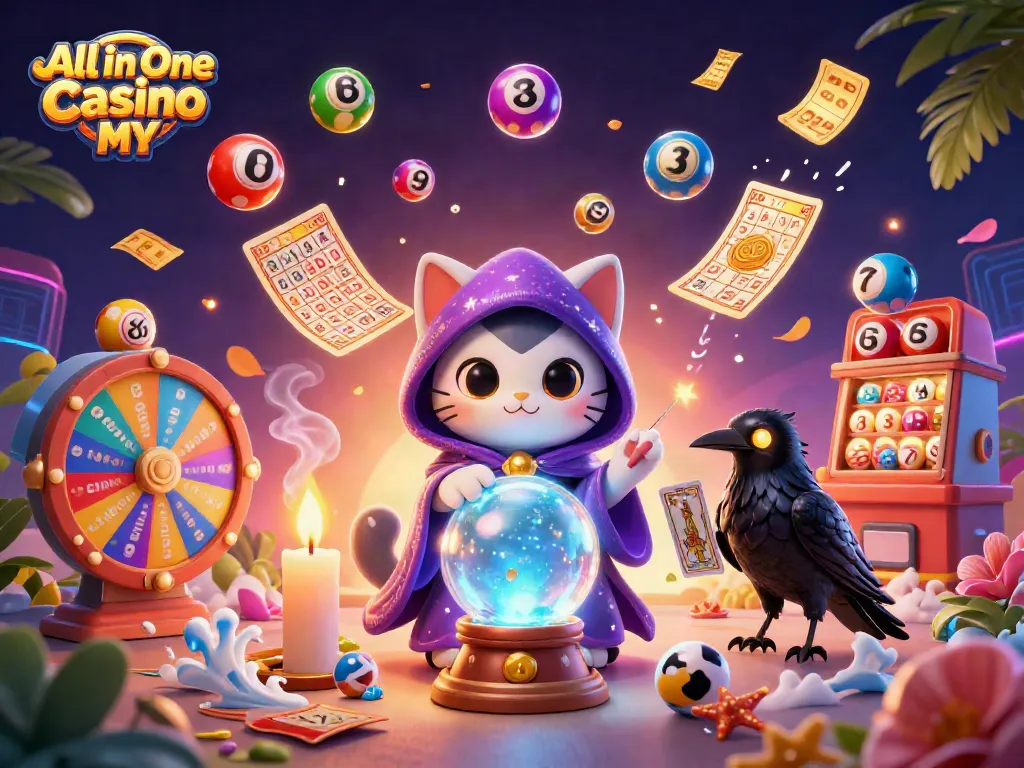 Engage with All in One Casino MY through vibrant gaming elements in a mystical 3D scene.