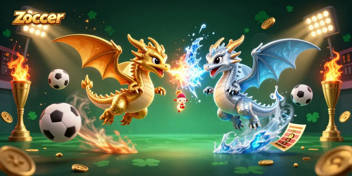 Experience excitement with Zoccer's dynamic gaming scene featuring competitive sports elements and dragon characters.