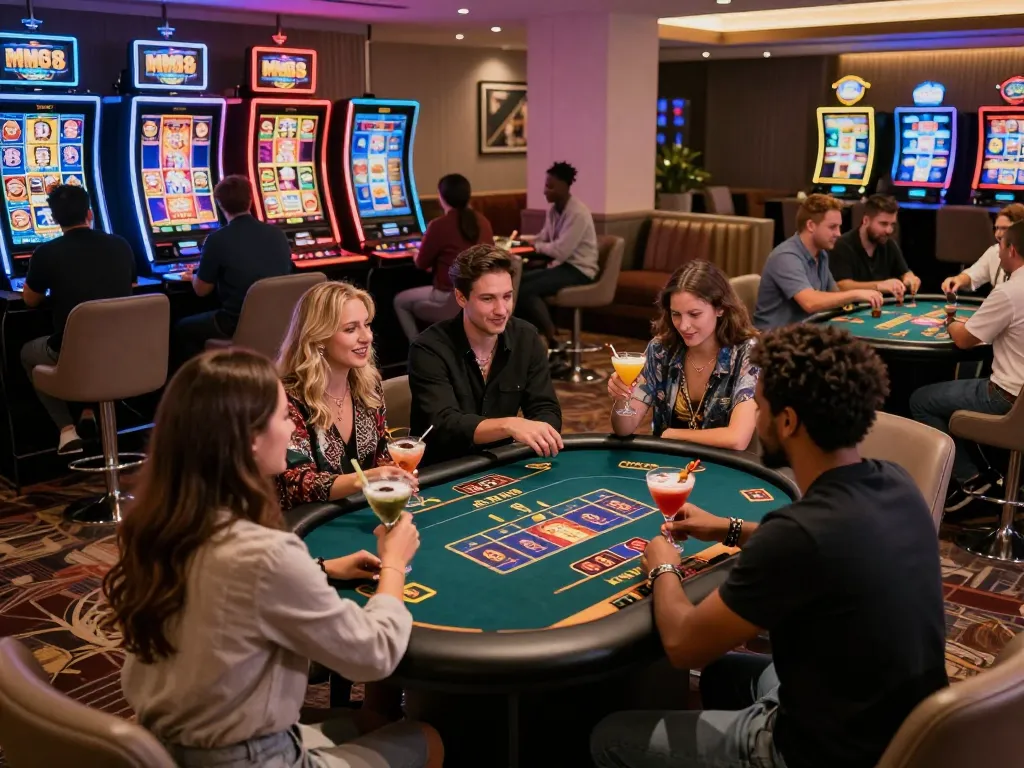 Friends enjoying MM88 games in a lively online casino atmosphere with cocktails and excitement.