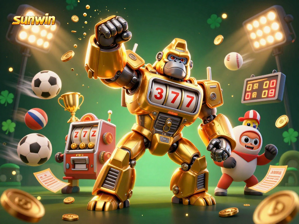 Experience excitement at sunwin with a 3D golden gorilla mech surrounded by dynamic sports betting elements.