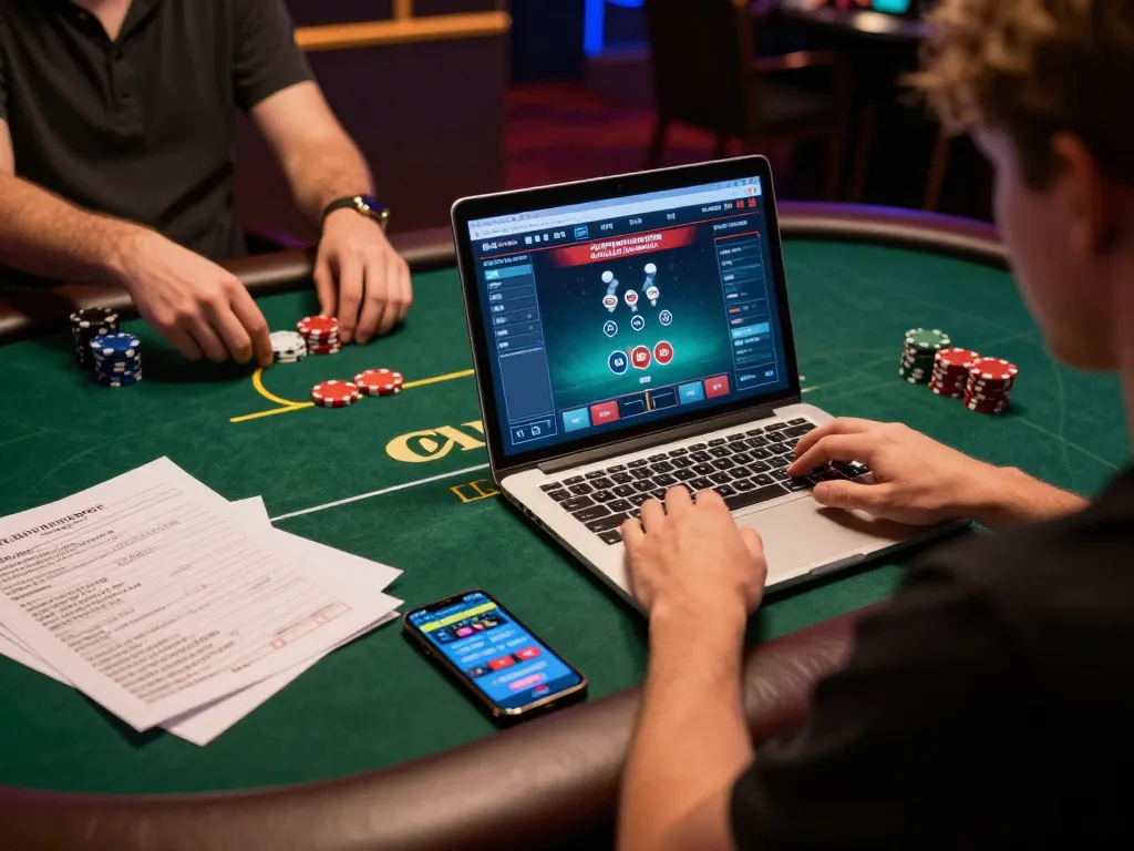 A player enjoying online poker at mm88star with strategic notes and smartphone in a cozy setting.