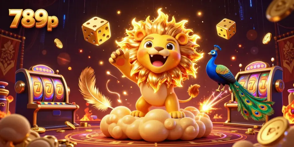 Experience thrilling moments at 789p with a vibrant casino-themed illustration showcasing a roaring lion and golden dice.
