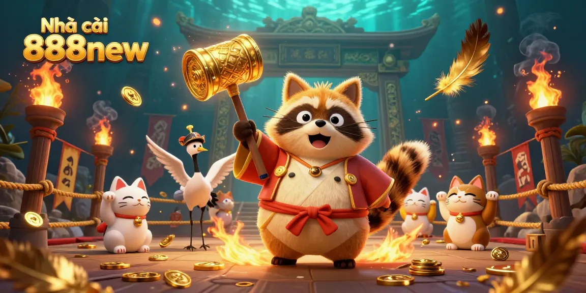 Engage with Nhà cái 888new at a lively 3D casino scene featuring vibrant characters and dynamic elements.