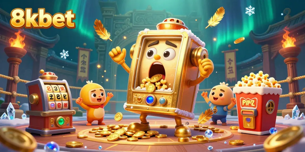 Experience thrilling wins at 8xbet: Cartoon slot machine hits jackpot amid gold coins and cheering companions.