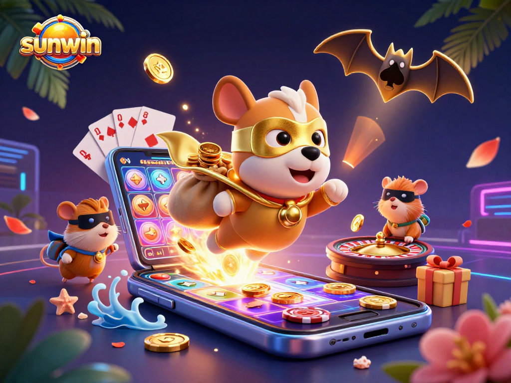 Experience the thrill of sunwin with a superhero dog and vibrant casino elements flying in a dynamic illustration.