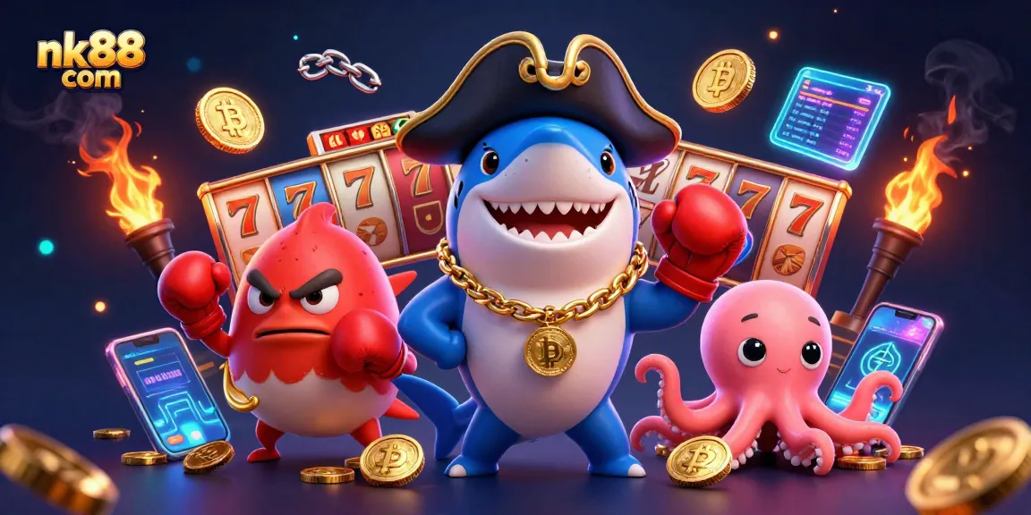 Engage with nk88 com through a vibrant online casino experience featuring a cartoon pirate shark.