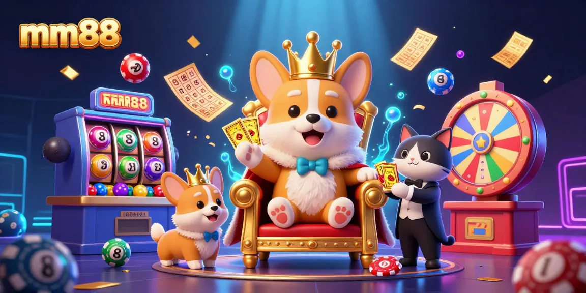 Experience mm88 thrills in a lavish casino scene featuring a crowned corgi surrounded by vibrant game elements and jackpot excitement.