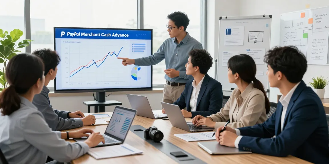 Team collaborating on PayPal merchant cash advance strategies in a modern office, showcasing financial discussions.