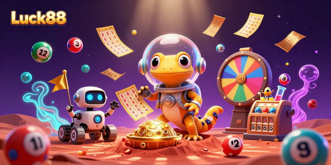 Luck88 illustrates a Martian gecko and robot at a buried golden casino, enhancing excitement in gambling.