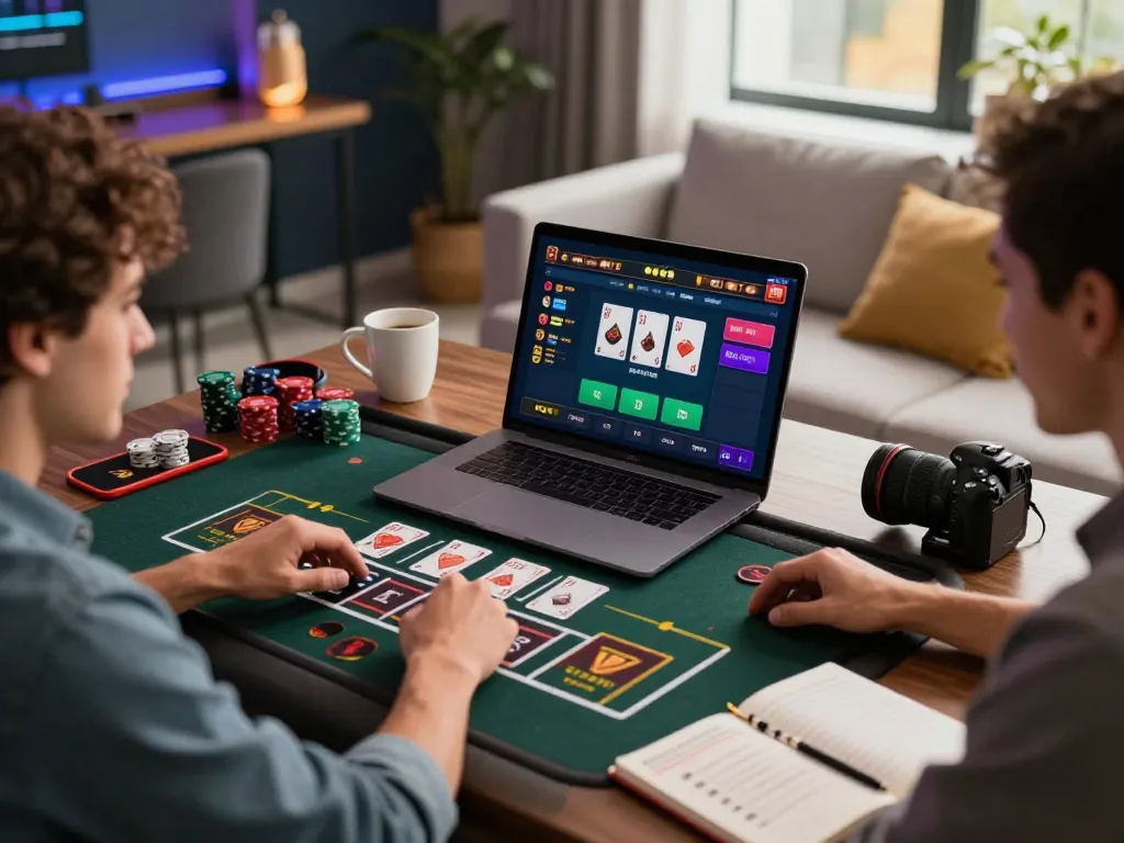 Player enjoying uu88 casino live dealer game on laptop in cozy home setup, showcasing betting strategies and engagement.