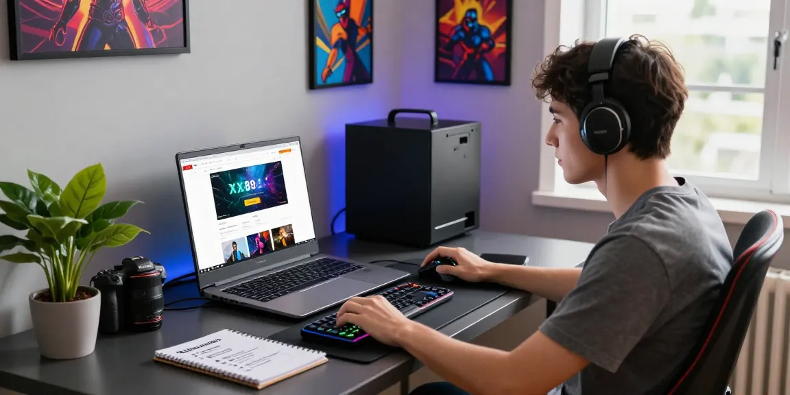 Engaging online gaming setup at https://xx88.se.net/ featuring modern desk, laptop, and ambient lighting.