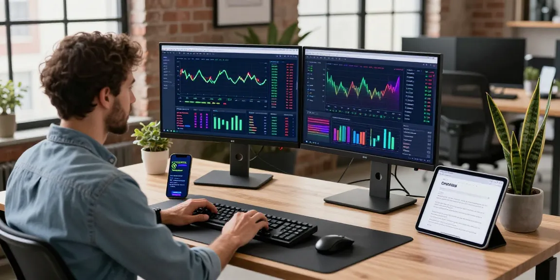 Dynamic tech workspace with developer using libertyswap trading application on monitors, showcasing cryptocurrency charts and documentation.
