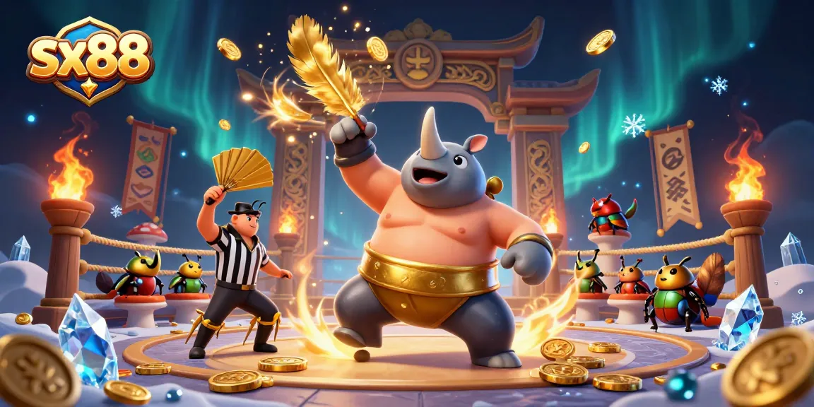 Witness the exhilarating SX88 sumo battle, featuring a rhinoceros beetle champion amidst a flurry of golden coins!