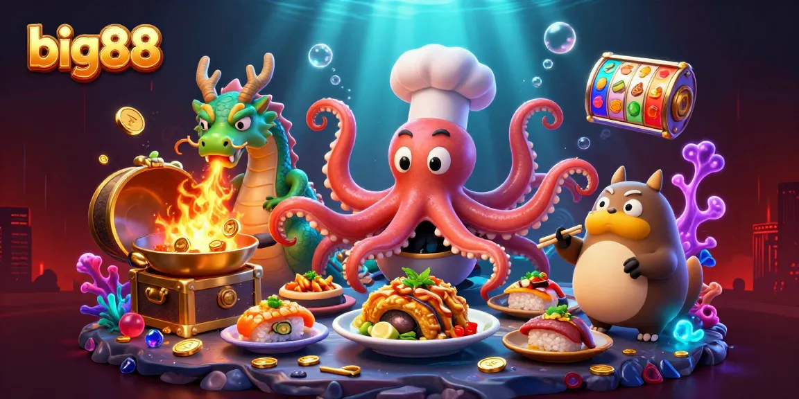 Engage with big88 in a vibrant 3D scene featuring an octopus chef and dragon, capturing the excitement of online slots.