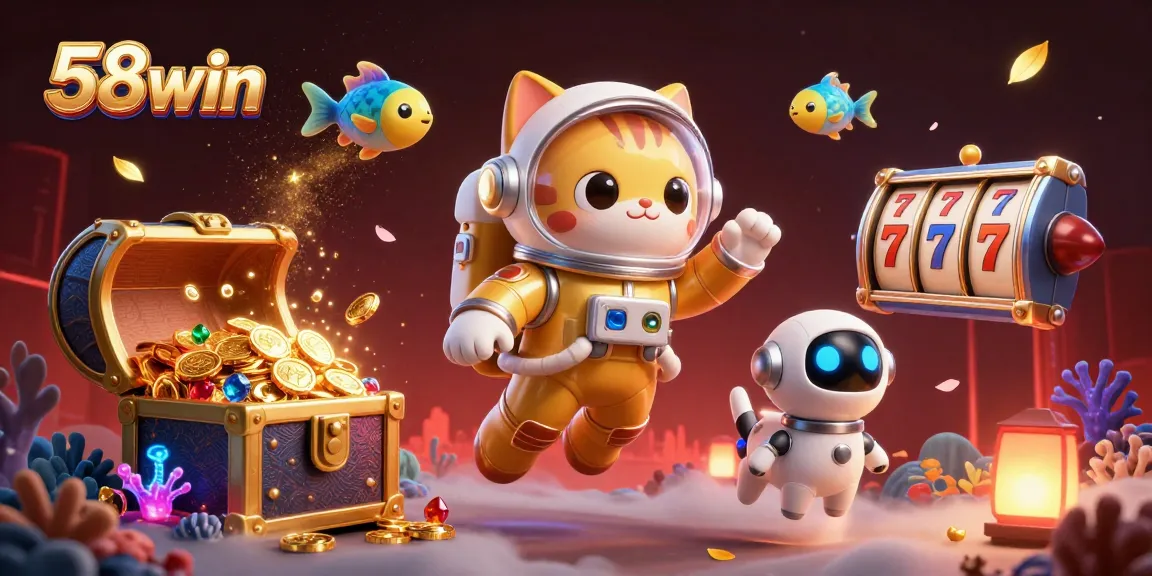 Spin the reels of 58win with a vibrant 3D illustration capturing an adventurous online casino scene.