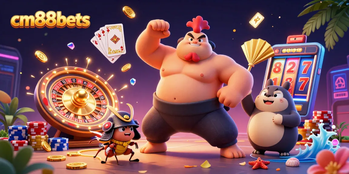 Experience cm88bets with the exciting clash of a sumo rooster and a fierce cricket amidst a vibrant casino backdrop.