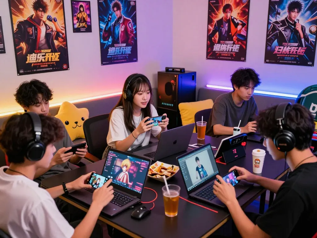 Diverse friends enjoying online xxx games together in a vibrant gaming room.