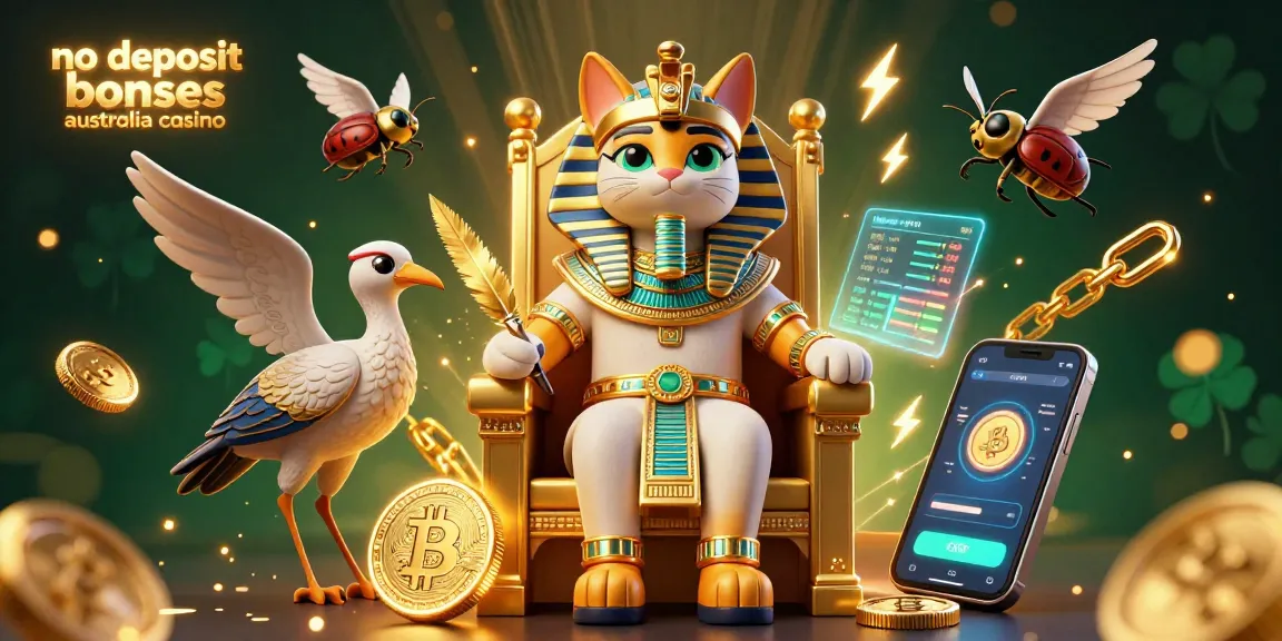 No deposit bonuses Australia casino scene showcasing a pharaoh cat, immersive gaming elements, and golden accents.