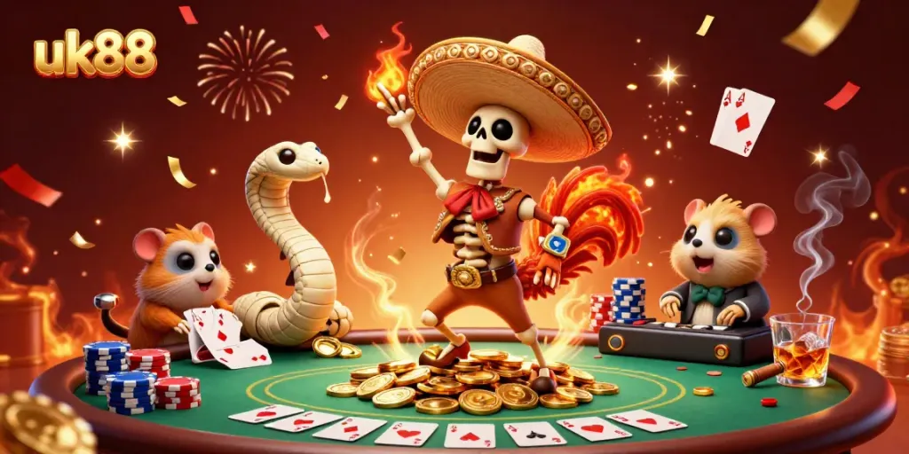 Experience high-energy casino excitement at uk88 with vibrant cartoon characters celebrating amidst poker elements.