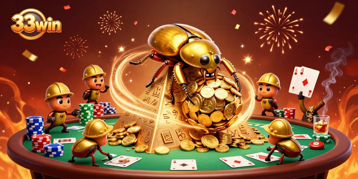 Play exciting games at 33win with golden beetles and poker elements in a dynamic casino scene
