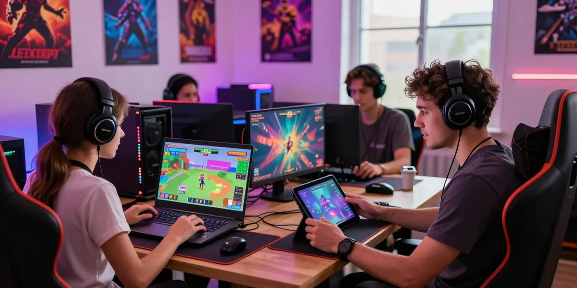 Engaging group enjoying HTML sex games on laptops and tablets in a vibrant gaming space.