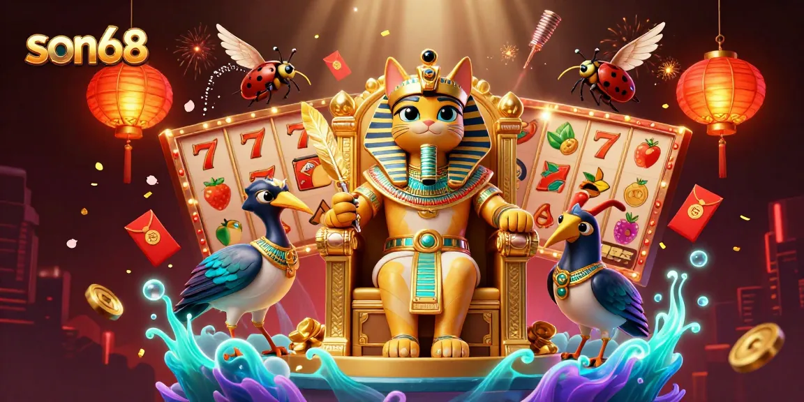 Experience exciting slot reels at son68 featuring an Egyptian pharaoh cat in a vibrant casino setting.