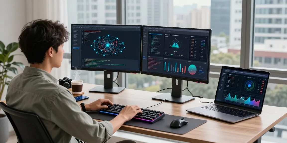 Developer optimizing network performance for 快连 in a modern office workspace with dual monitors and sleek design elements.